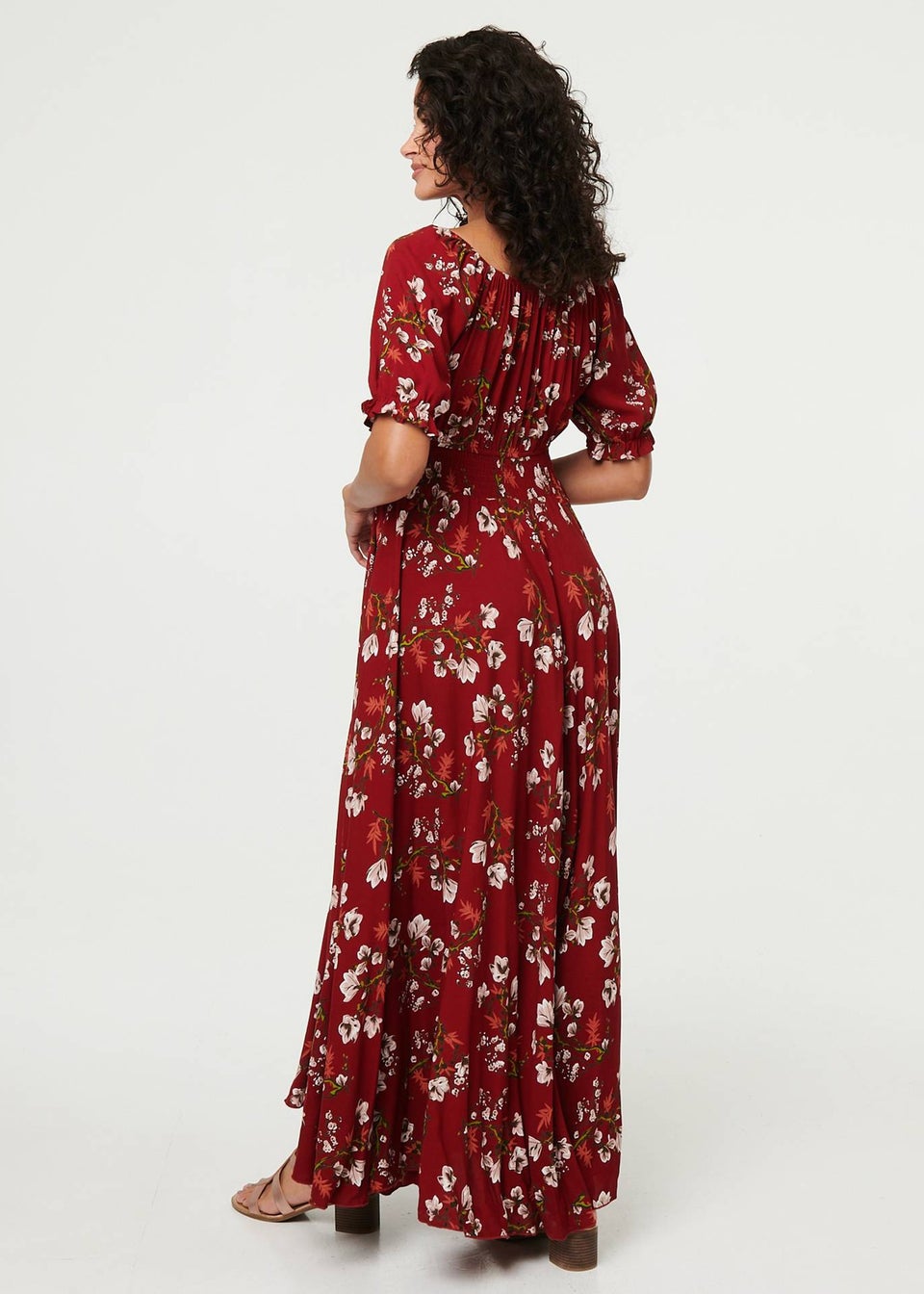 Izabel London Red Floral Bardot Shirred Empire Maxi Dress