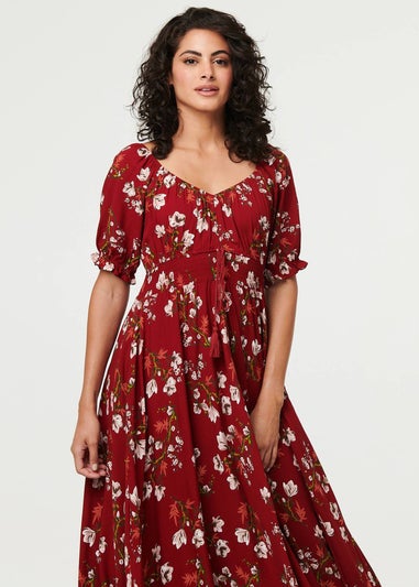 Izabel London Red Floral Bardot Shirred Empire Maxi Dress