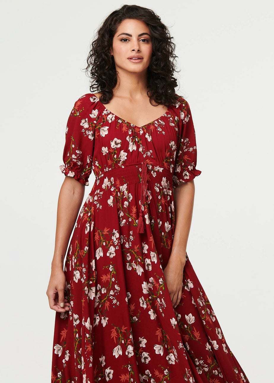 Izabel London Red Floral Bardot Shirred Empire Maxi Dress