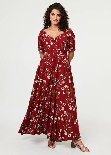 Izabel London Red Floral Bardot Shirred Empire Maxi Dress