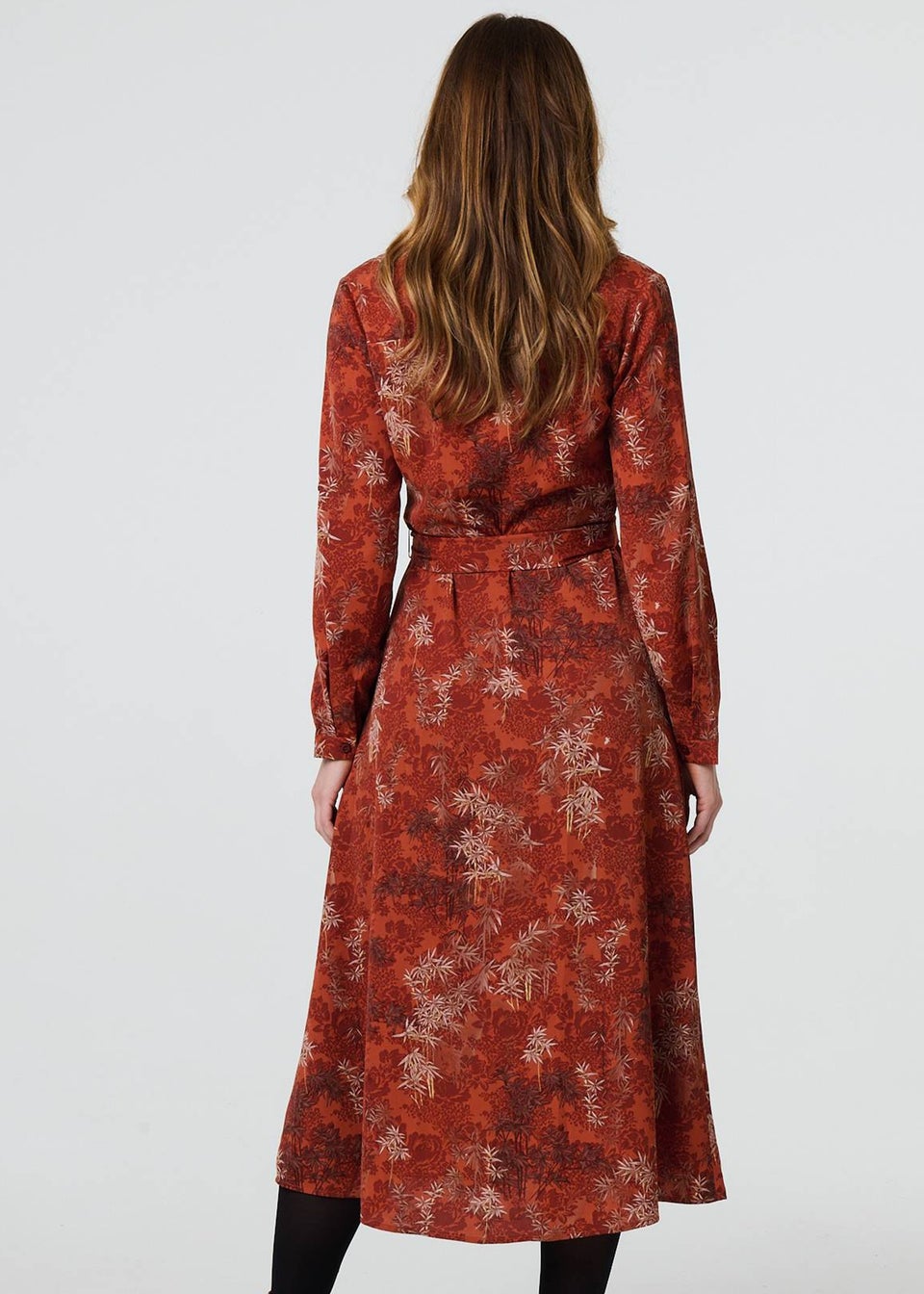 Izabel London Orange Leaf Print Tie Waist Midi Shirt Dress