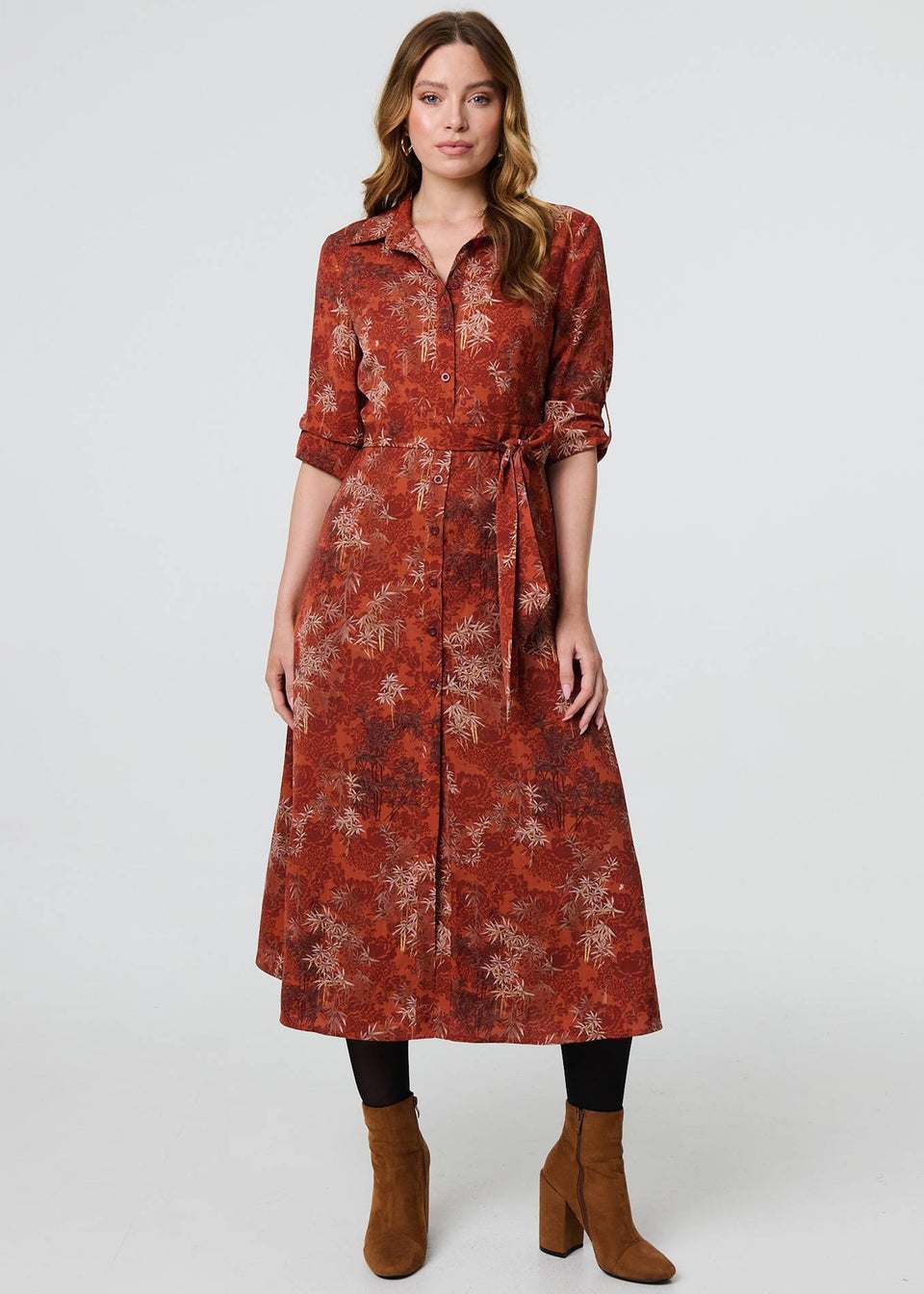 Izabel London Orange Leaf Print Tie Waist Midi Shirt Dress