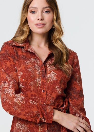 Izabel London Orange Leaf Print Tie Waist Midi Shirt Dress