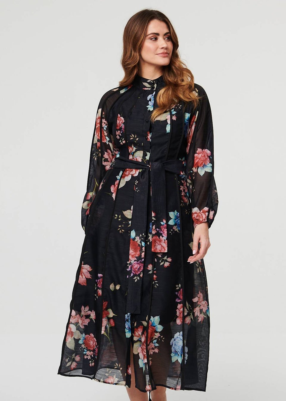 Izabel London Black Floral Semi Sheer Tie Waist Midi Dress