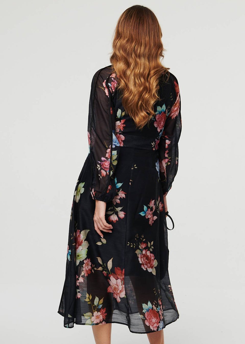 Izabel London Black Floral Semi Sheer Tie Waist Midi Dress