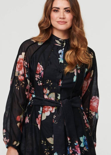 Izabel London Black Floral Semi Sheer Tie Waist Midi Dress