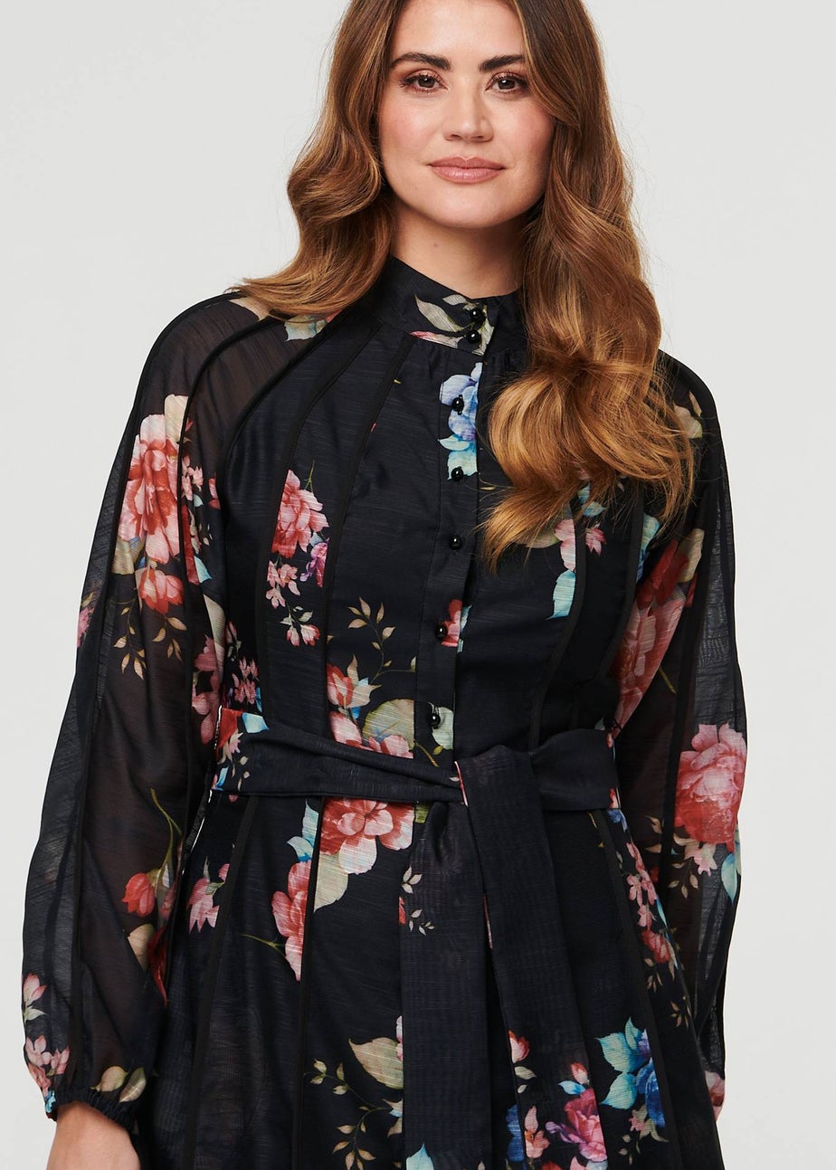 Izabel London Black Floral Semi Sheer Tie Waist Midi Dress