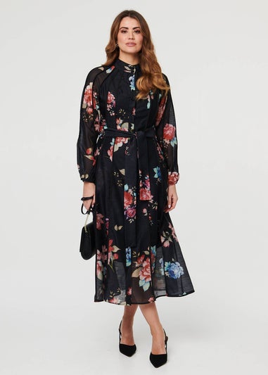 Izabel London Black Floral Semi Sheer Tie Waist Midi Dress