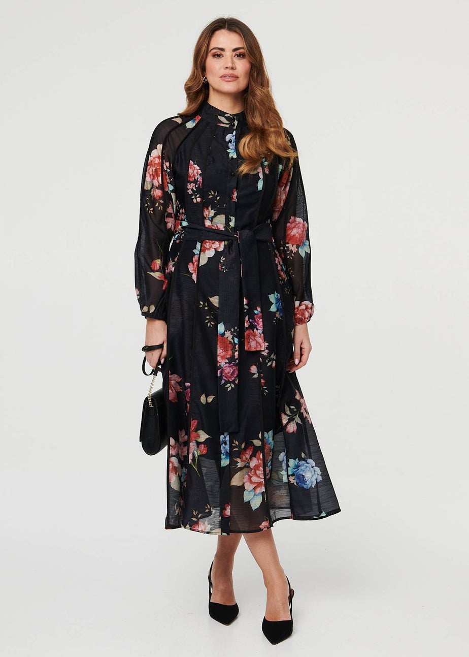 Izabel London Black Floral Semi Sheer Tie Waist Midi Dress