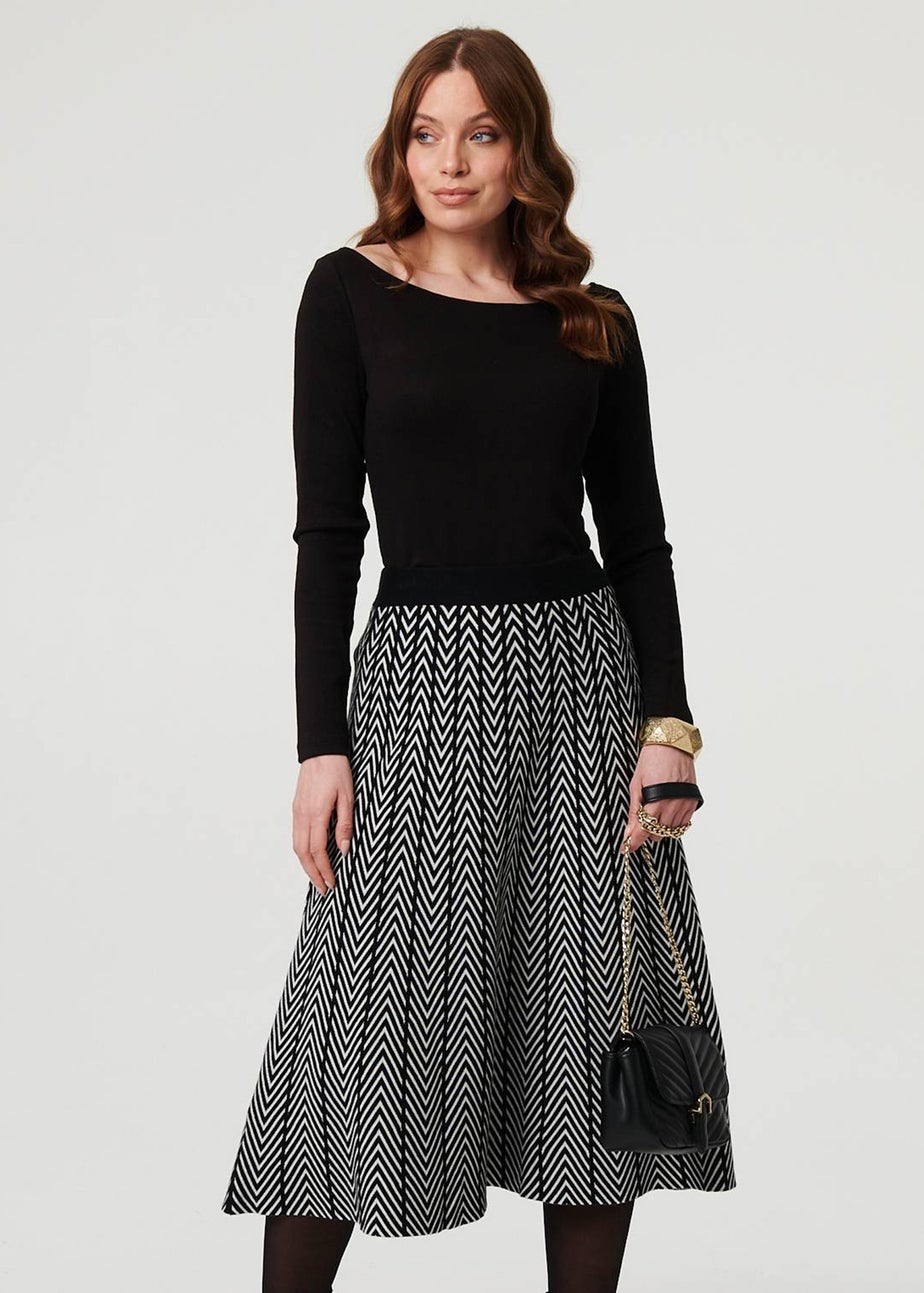 Izabel London Black Chevron Print High Waist Knit Midi Skirt