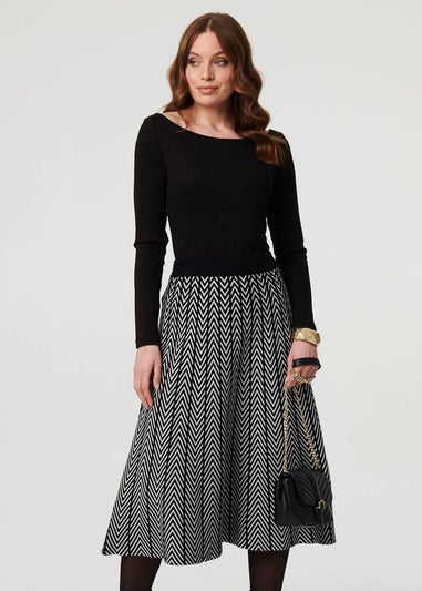 Izabel London Black Chevron Print High Waist Knit Midi Skirt