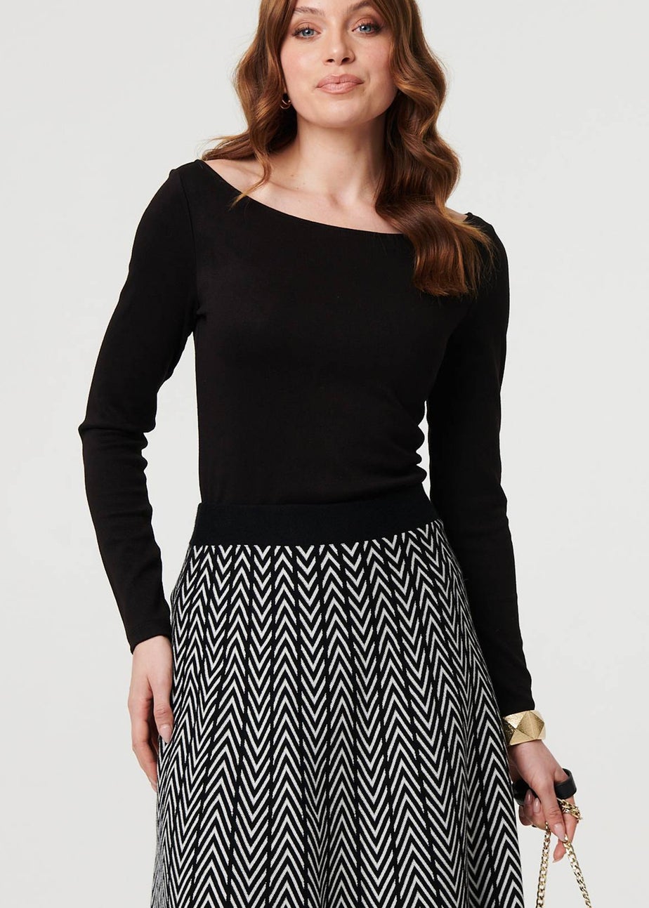 Izabel London Black Chevron Print High Waist Knit Midi Skirt
