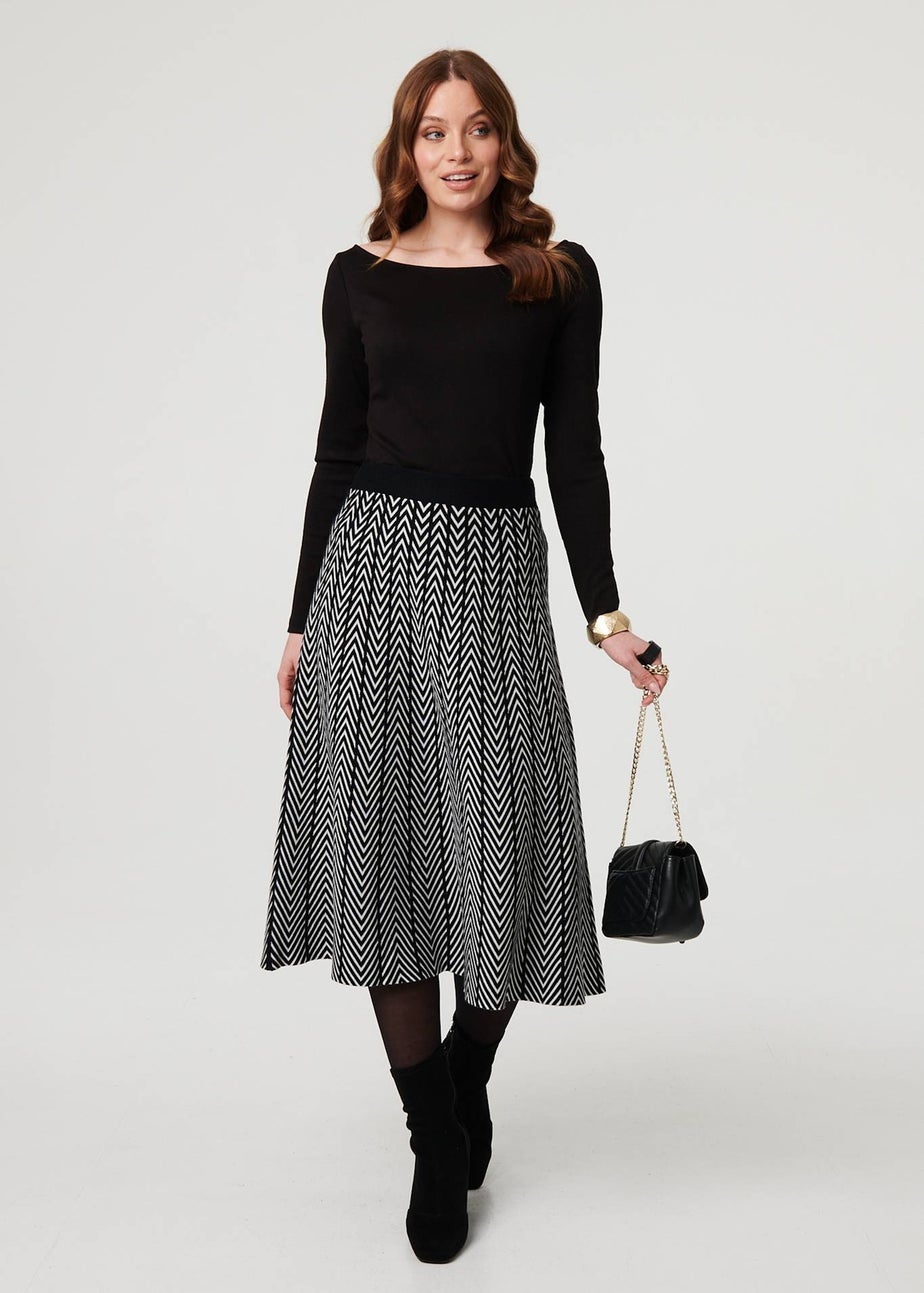 Izabel London Black Chevron Print High Waist Knit Midi Skirt