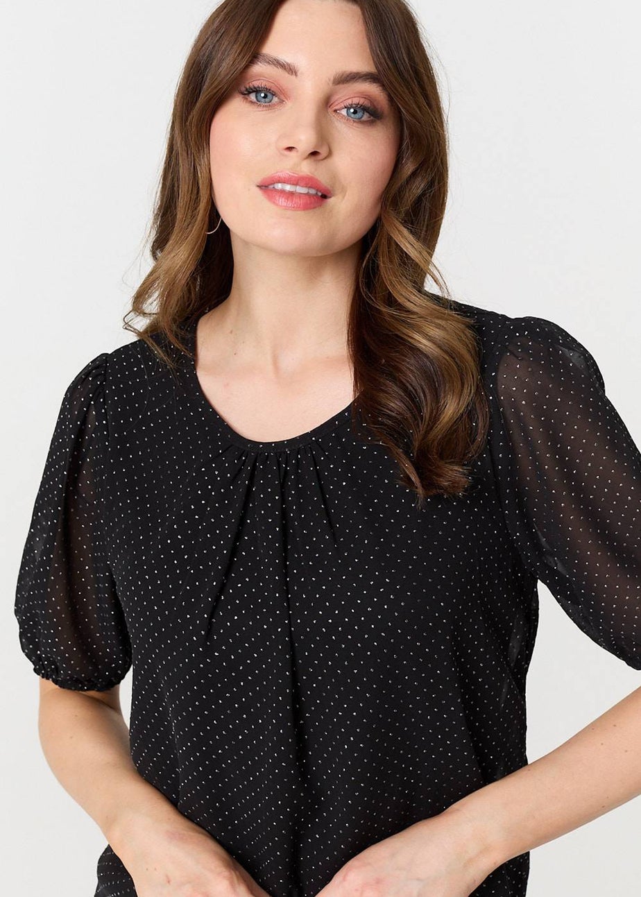 Izabel London Black Polka Dot Print Semi Sheer Blouse