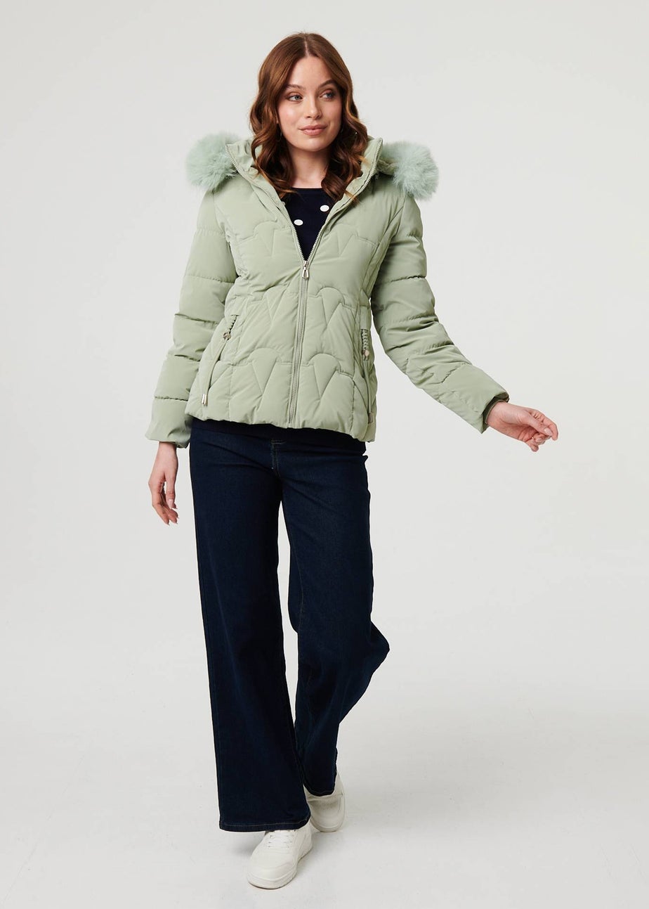 Izabel London Green Faux Fur Trim Hooded Zip-Up Jacket