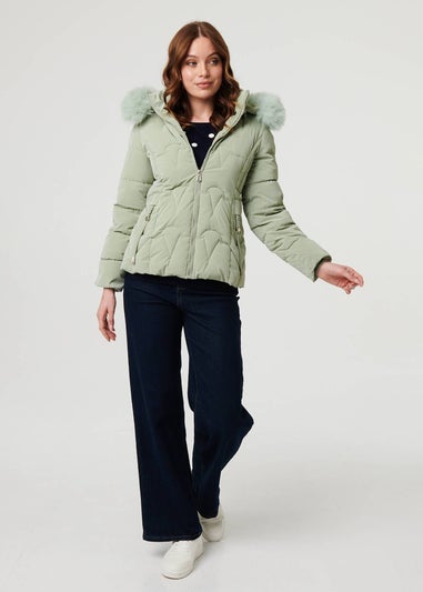Izabel London Green Faux Fur Trim Hooded Zip-Up Jacket
