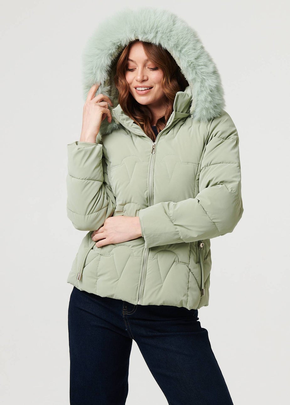 Izabel London Green Faux Fur Trim Hooded Zip-Up Jacket