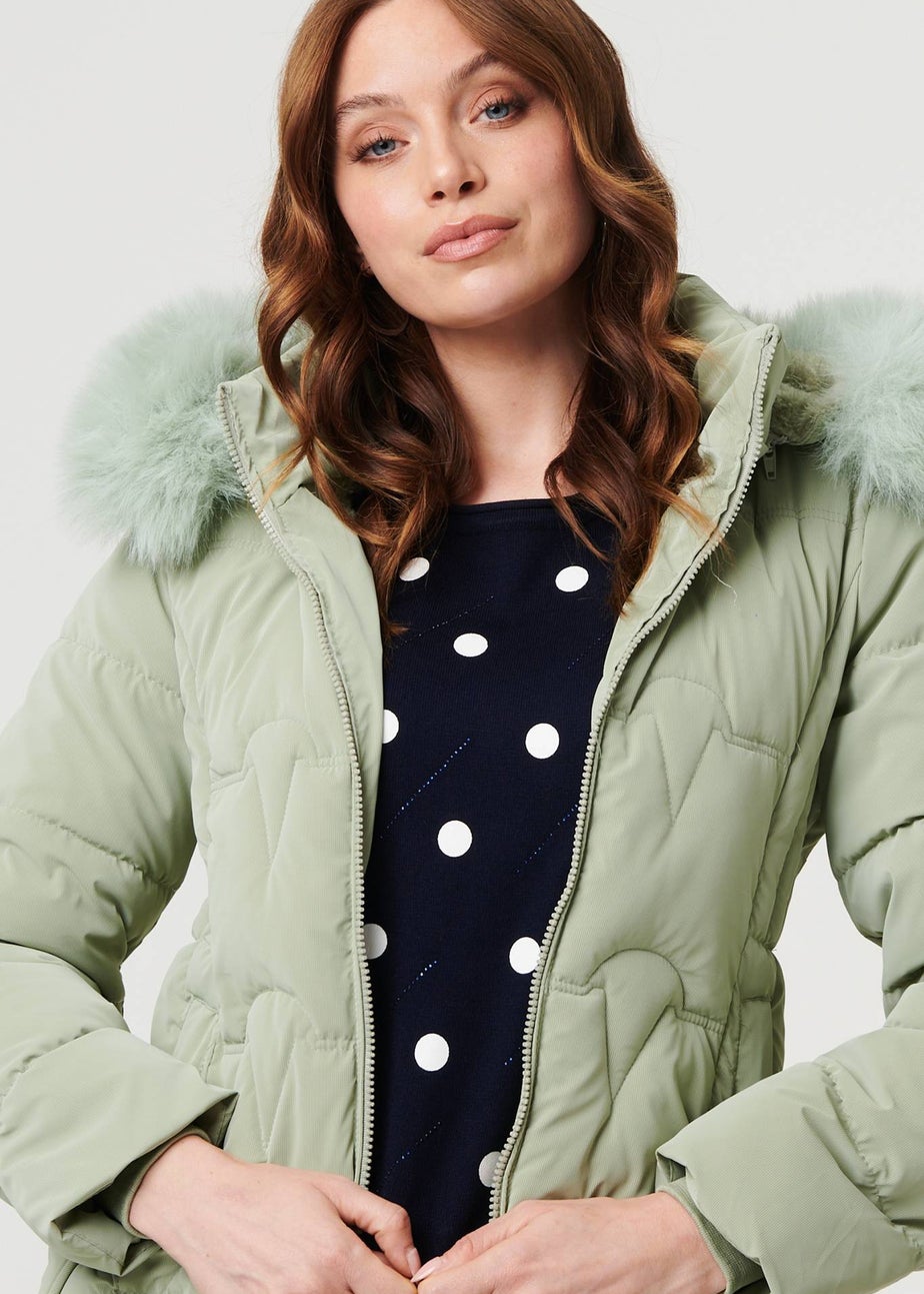 Izabel London Green Faux Fur Trim Hooded Zip-Up Jacket