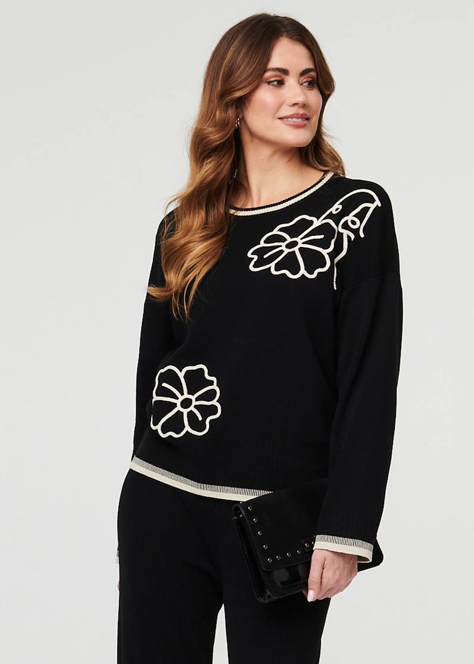 Izabel London Black Floral Trim Jumper & Trousers Co-Ord Set