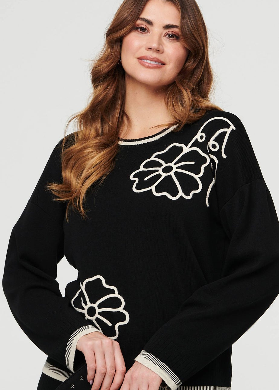 Izabel London Black Floral Trim Jumper & Trousers Co-Ord Set