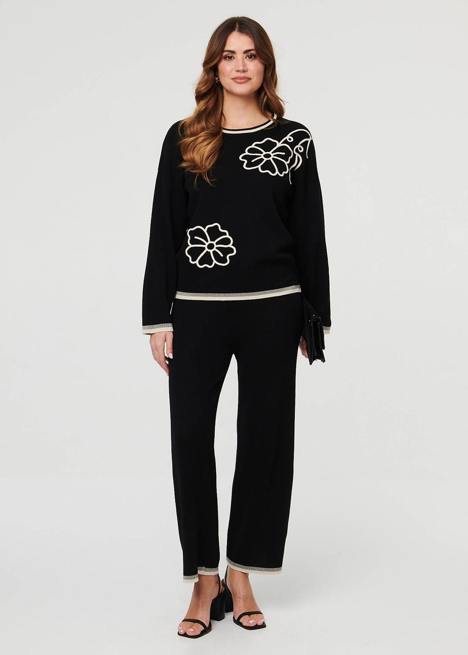 Izabel London Black Floral Trim Jumper & Trousers Co-Ord Set