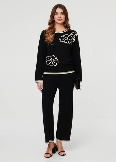 Izabel London Black Floral Trim Jumper & Trousers Co-Ord Set