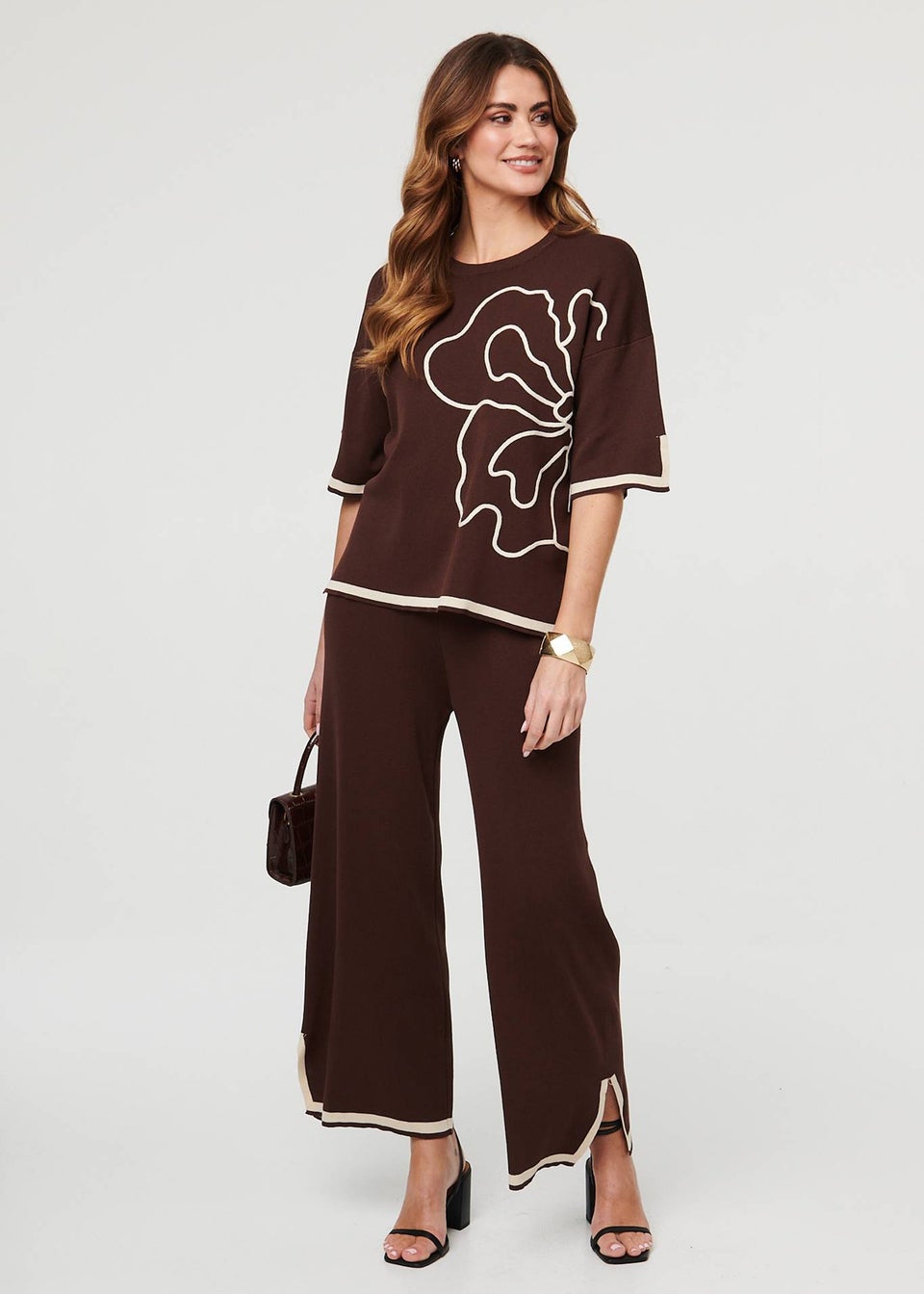 Izabel London Brown Floral Trim Top & Trousers Co-Ord Set