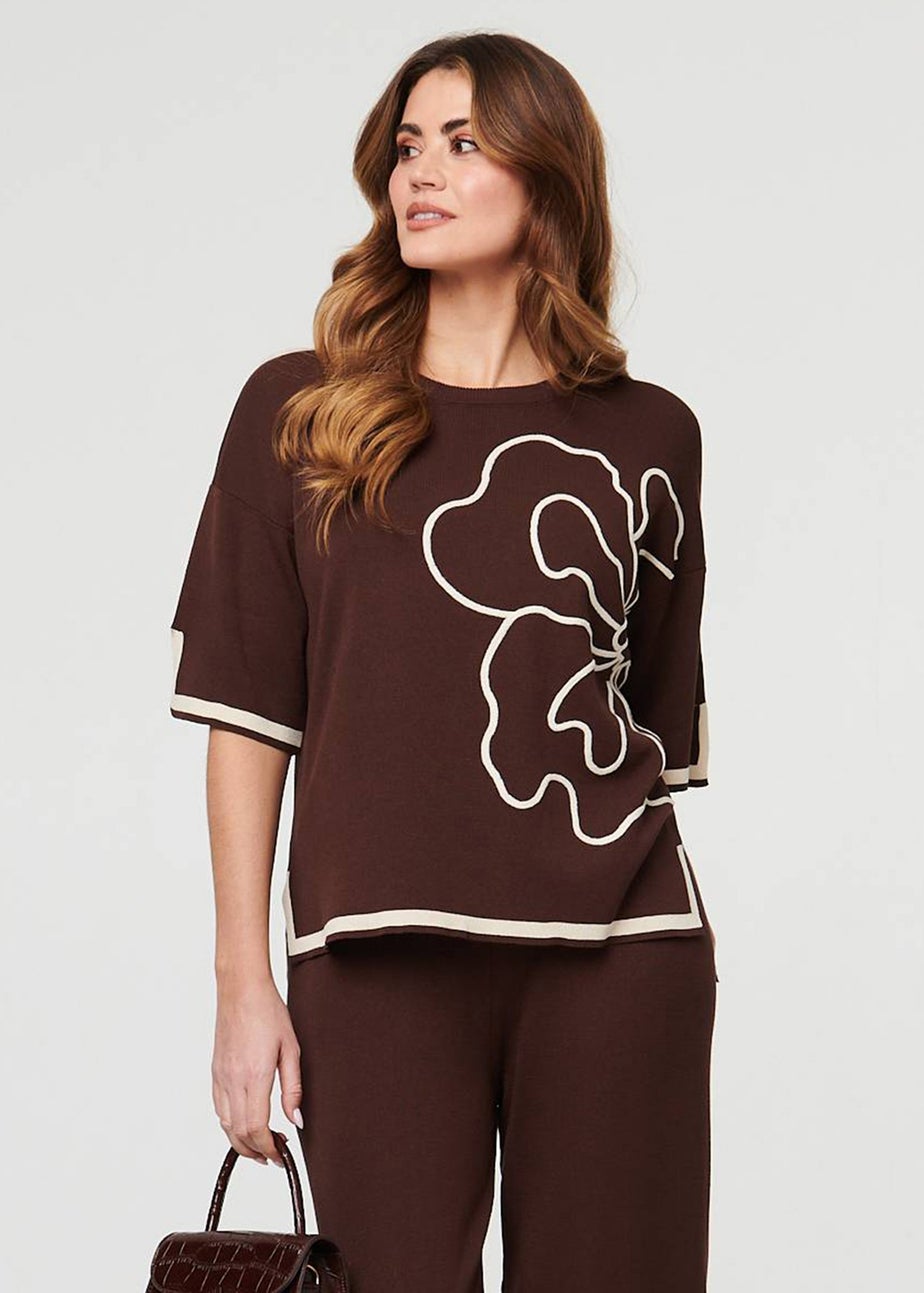 Izabel London Brown Floral Trim Top & Trousers Co-Ord Set