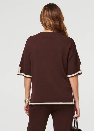 Izabel London Brown Floral Trim Top & Trousers Co-Ord Set