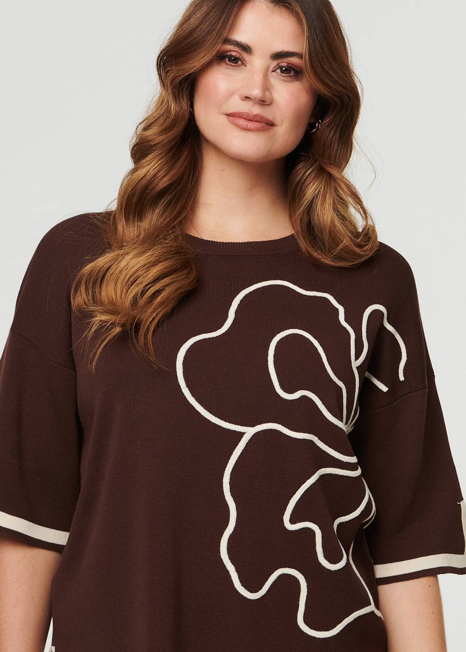 Izabel London Brown Floral Trim Top & Trousers Co-Ord Set