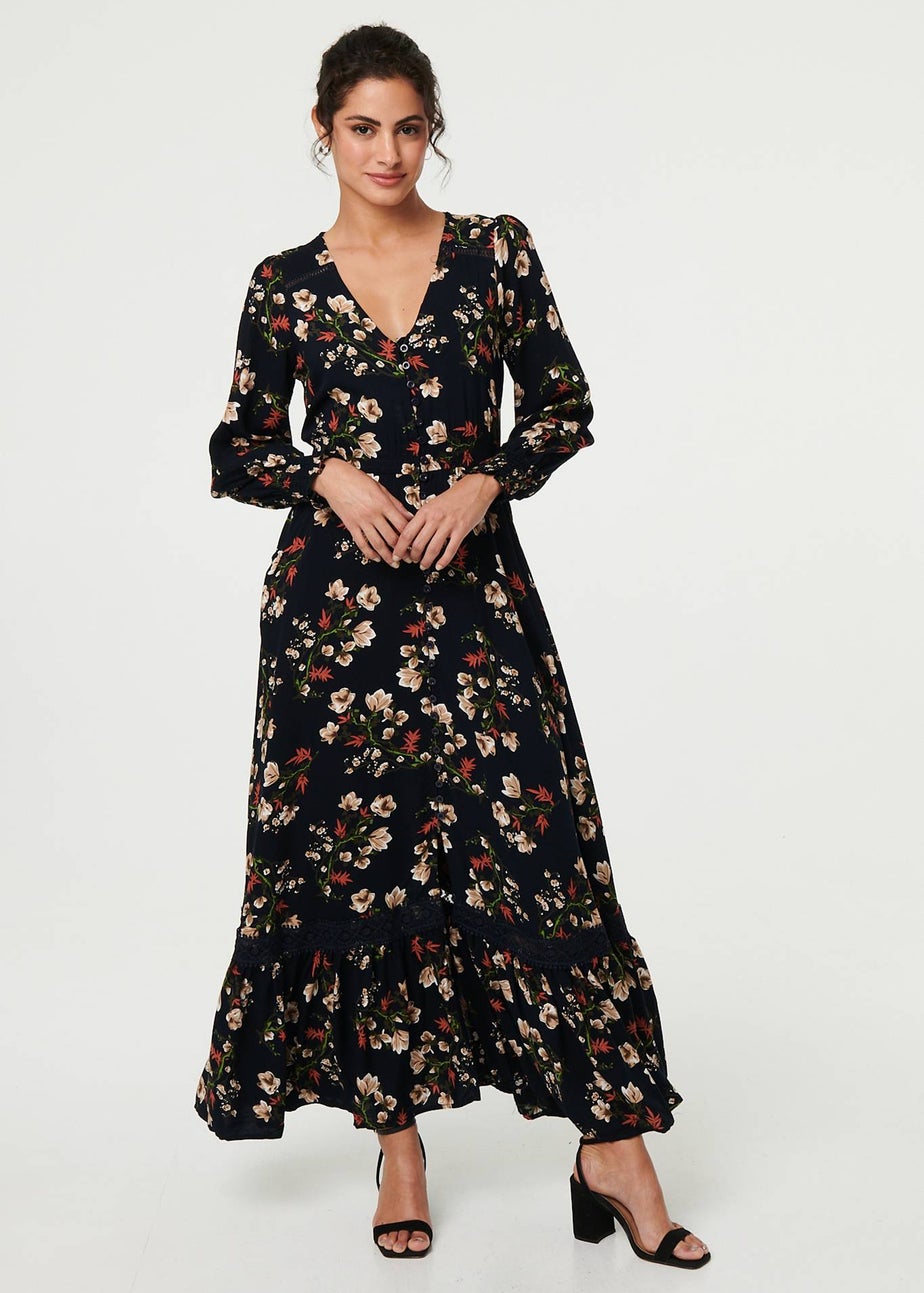 Izabel London Navy Floral Long Sleeve Lace Trim Maxi Dress