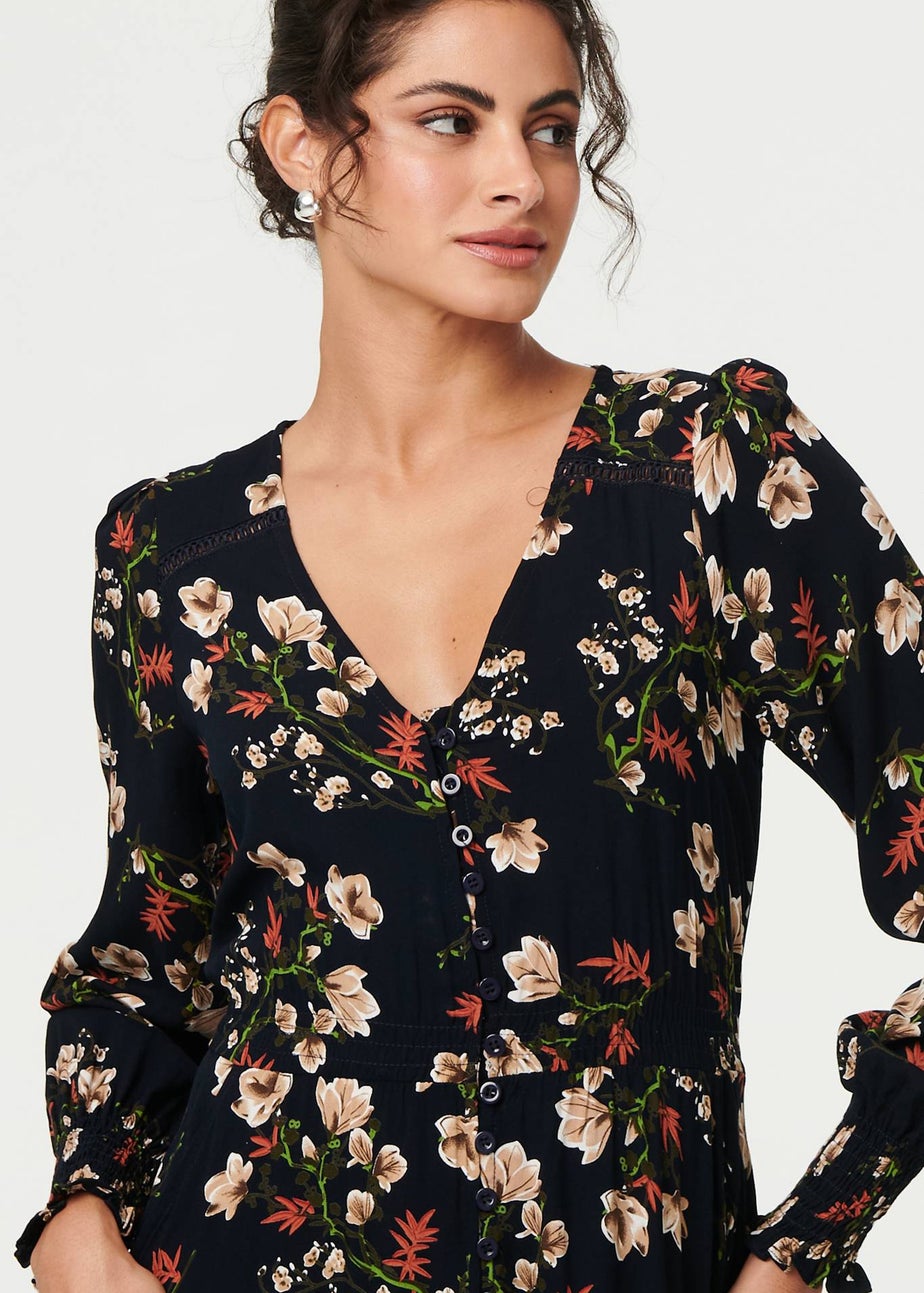 Izabel London Navy Floral Long Sleeve Lace Trim Maxi Dress