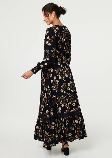 Izabel London Navy Floral Long Sleeve Lace Trim Maxi Dress