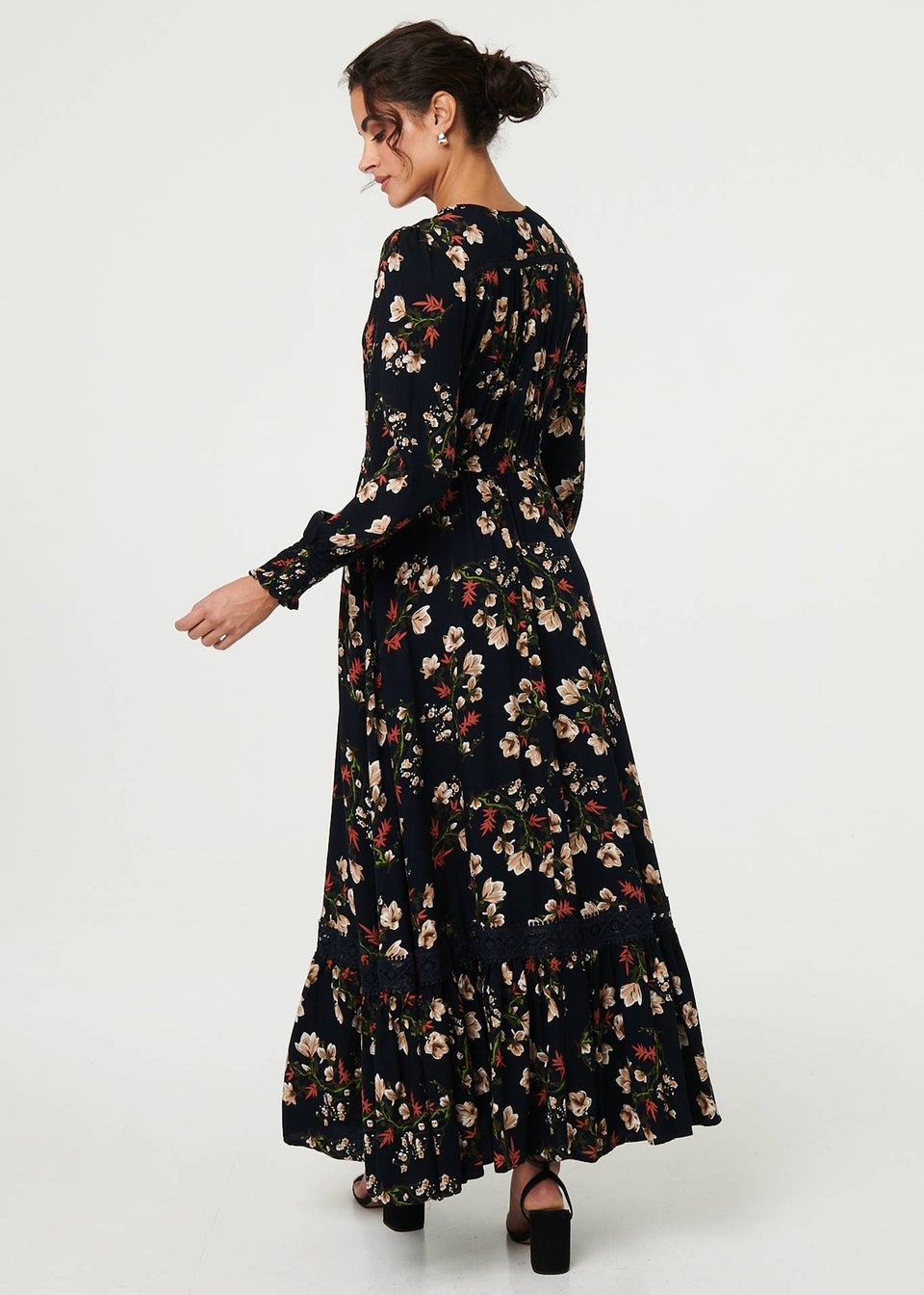 Izabel London Navy Floral Long Sleeve Lace Trim Maxi Dress