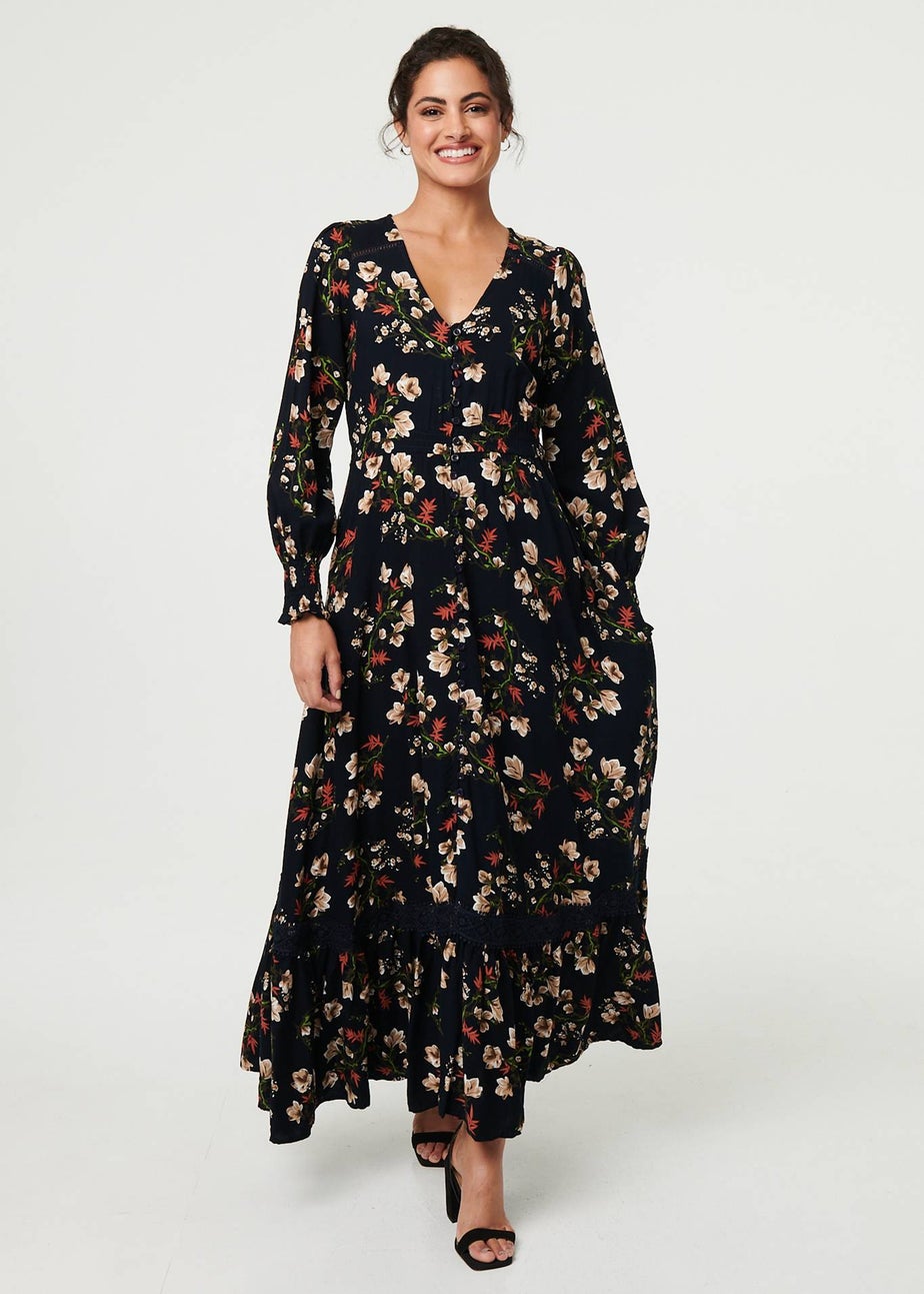 Izabel London Navy Floral Long Sleeve Lace Trim Maxi Dress