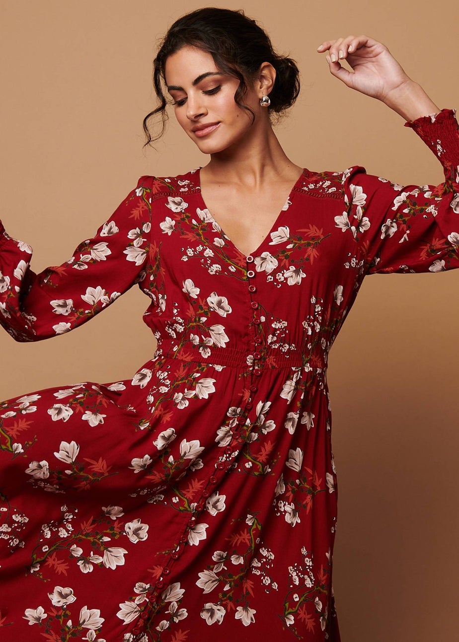 Izabel London Red Floral Long Sleeve Lace Trim Maxi Dress