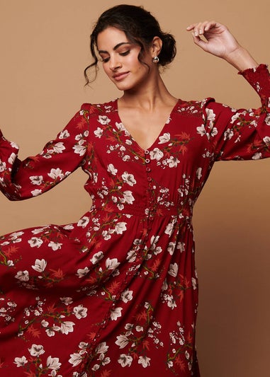 Izabel London Red Floral Long Sleeve Lace Trim Maxi Dress