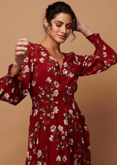 Izabel London Red Floral Long Sleeve Lace Trim Maxi Dress