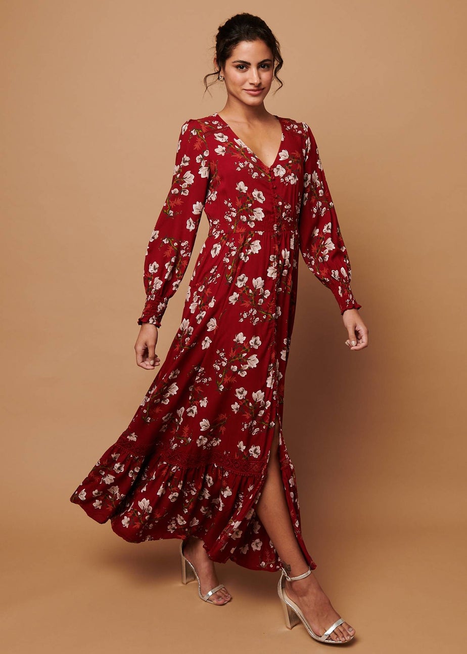 Izabel London Red Floral Long Sleeve Lace Trim Maxi Dress