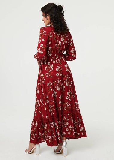 Izabel London Red Floral Long Sleeve Lace Trim Maxi Dress
