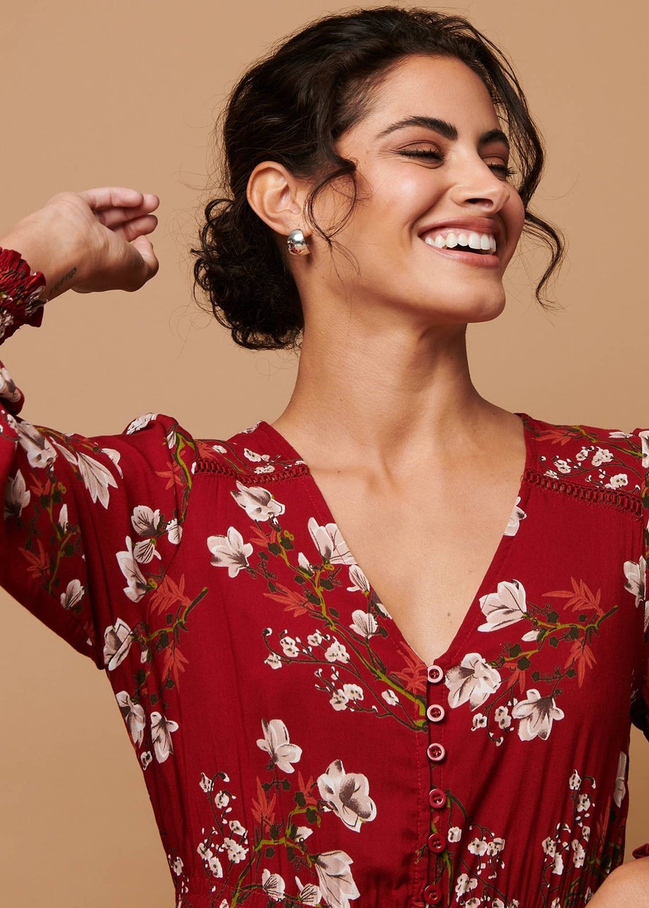 Izabel London Red Floral Long Sleeve Lace Trim Maxi Dress