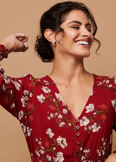 Izabel London Red Floral Long Sleeve Lace Trim Maxi Dress