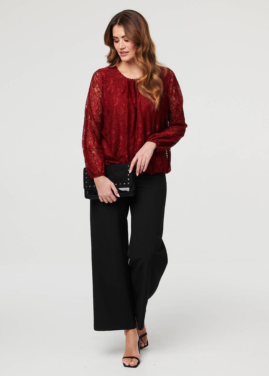 Izabel London Burgundy Floral Lace Semi Sheer Ruched Blouse