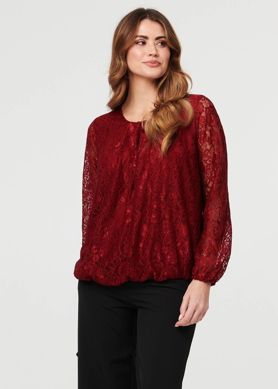 Izabel London Burgundy Floral Lace Semi Sheer Ruched Blouse