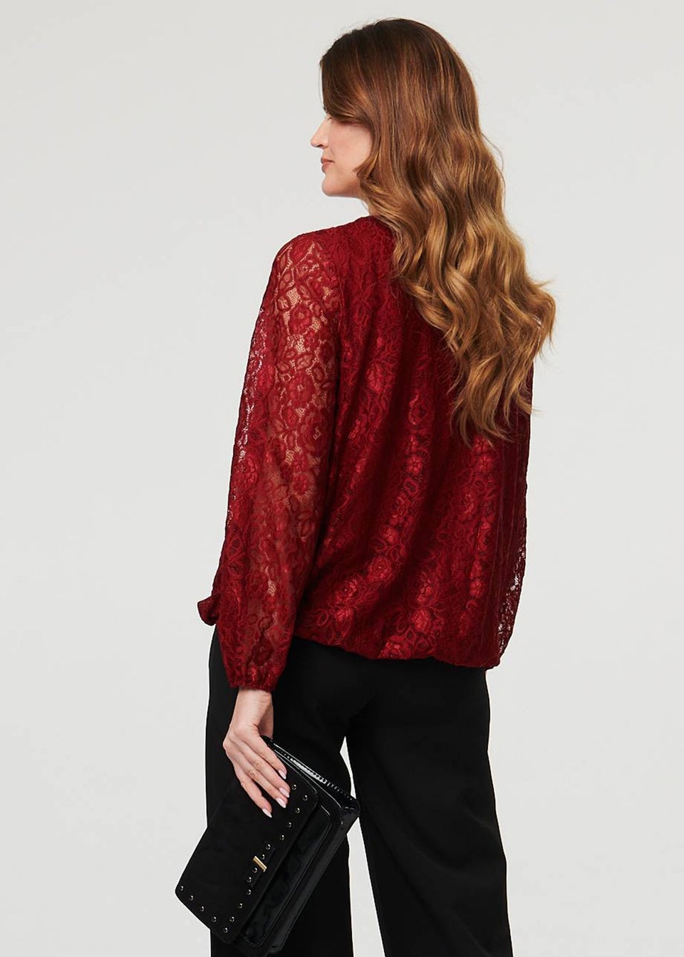 Izabel London Burgundy Floral Lace Semi Sheer Ruched Blouse