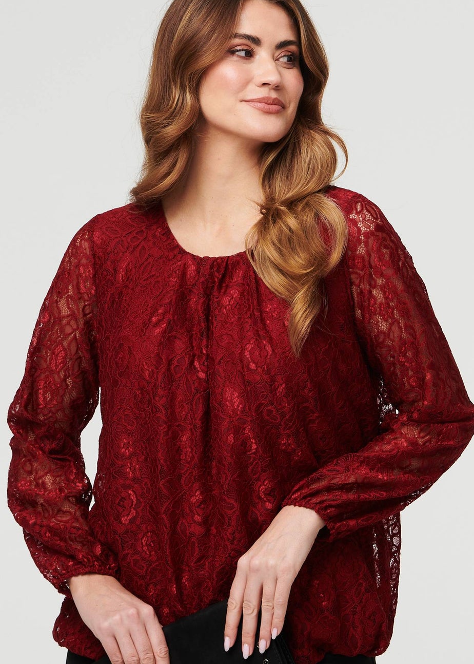 Izabel London Burgundy Floral Lace Semi Sheer Ruched Blouse