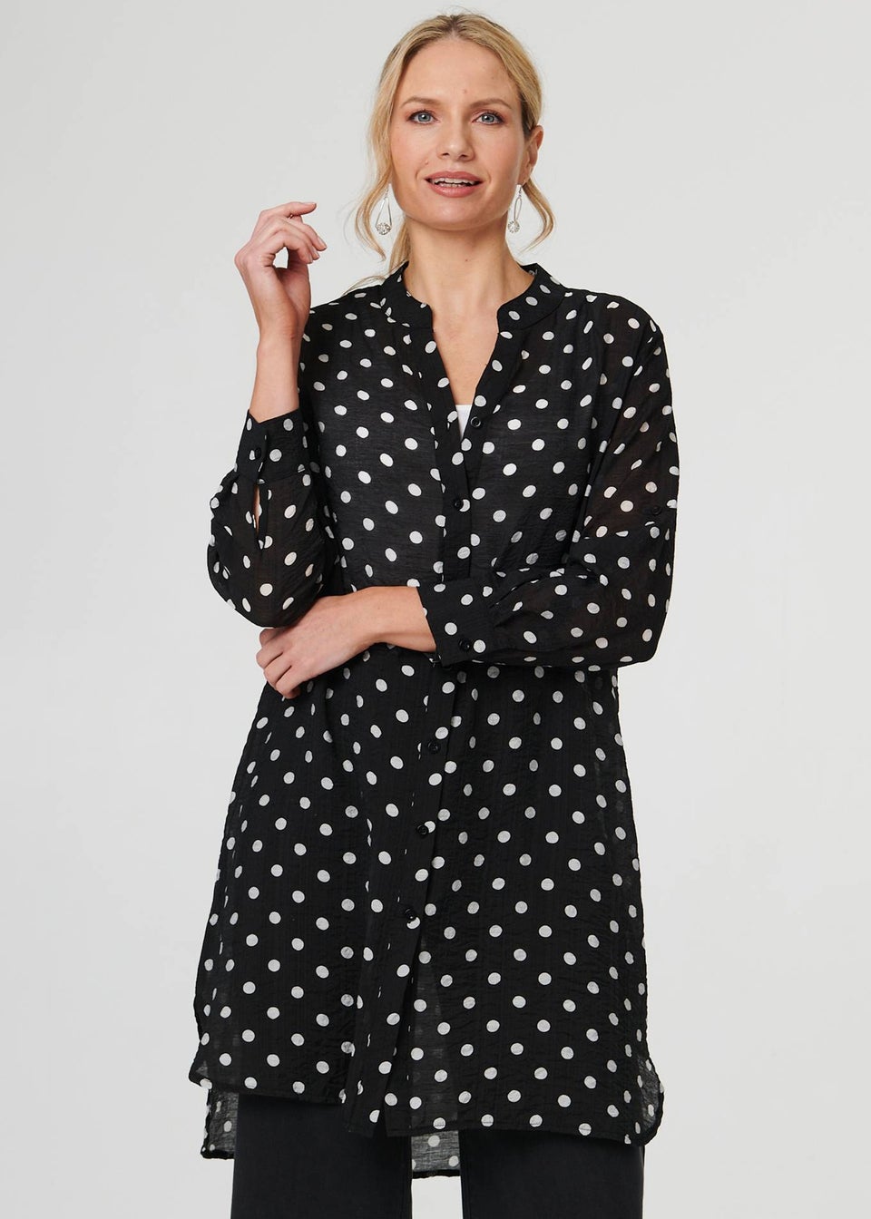 Izabel London Black Polka Dot Print Long Sleeve Tunic Shirt