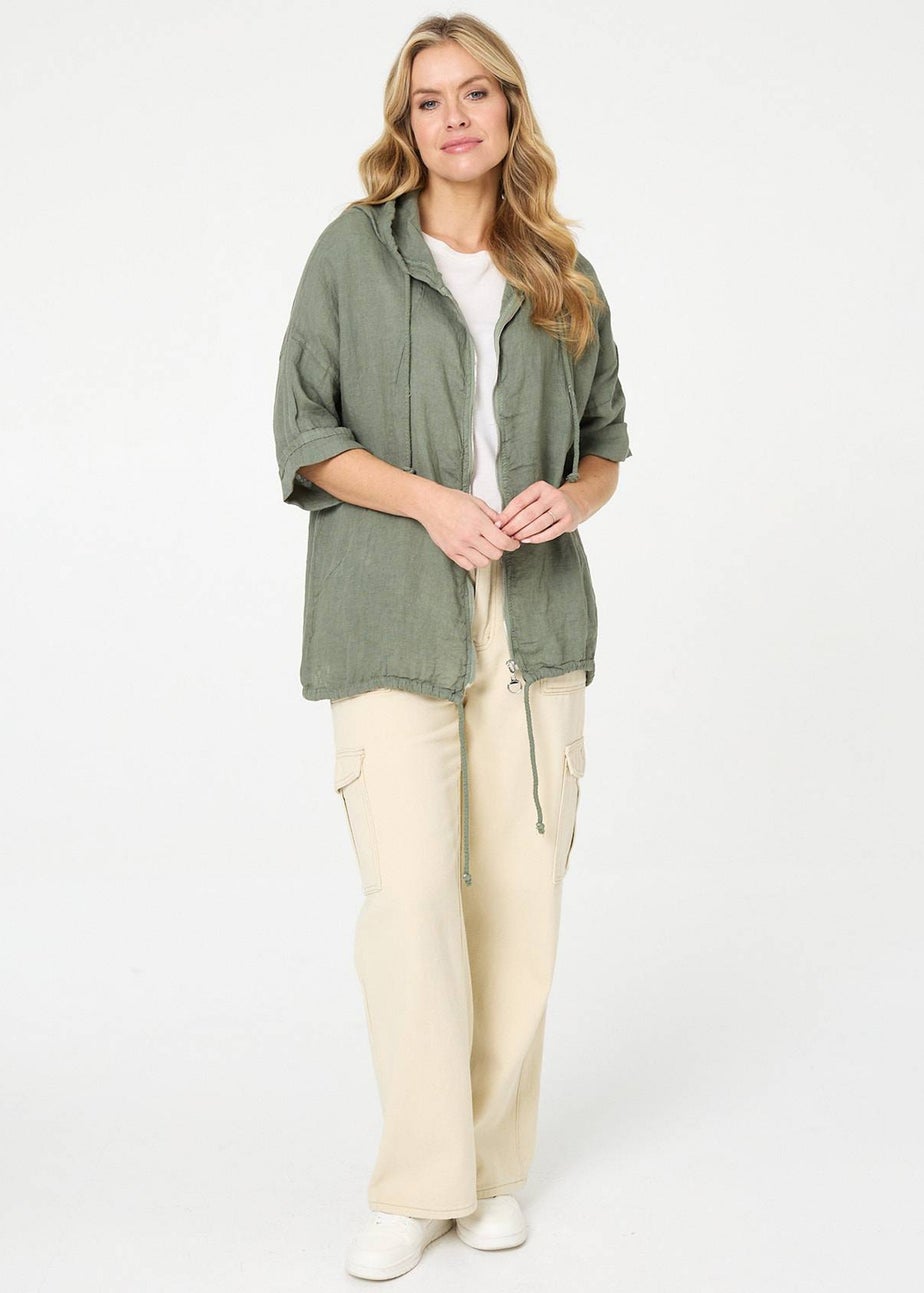 Izabel London Khaki Zip Front Drawstring Hooded Parka Jacket