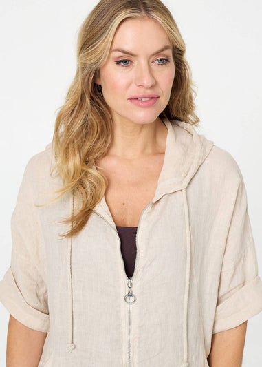 Izabel London Beige Zip Front Drawstring Hooded Parka Jacket