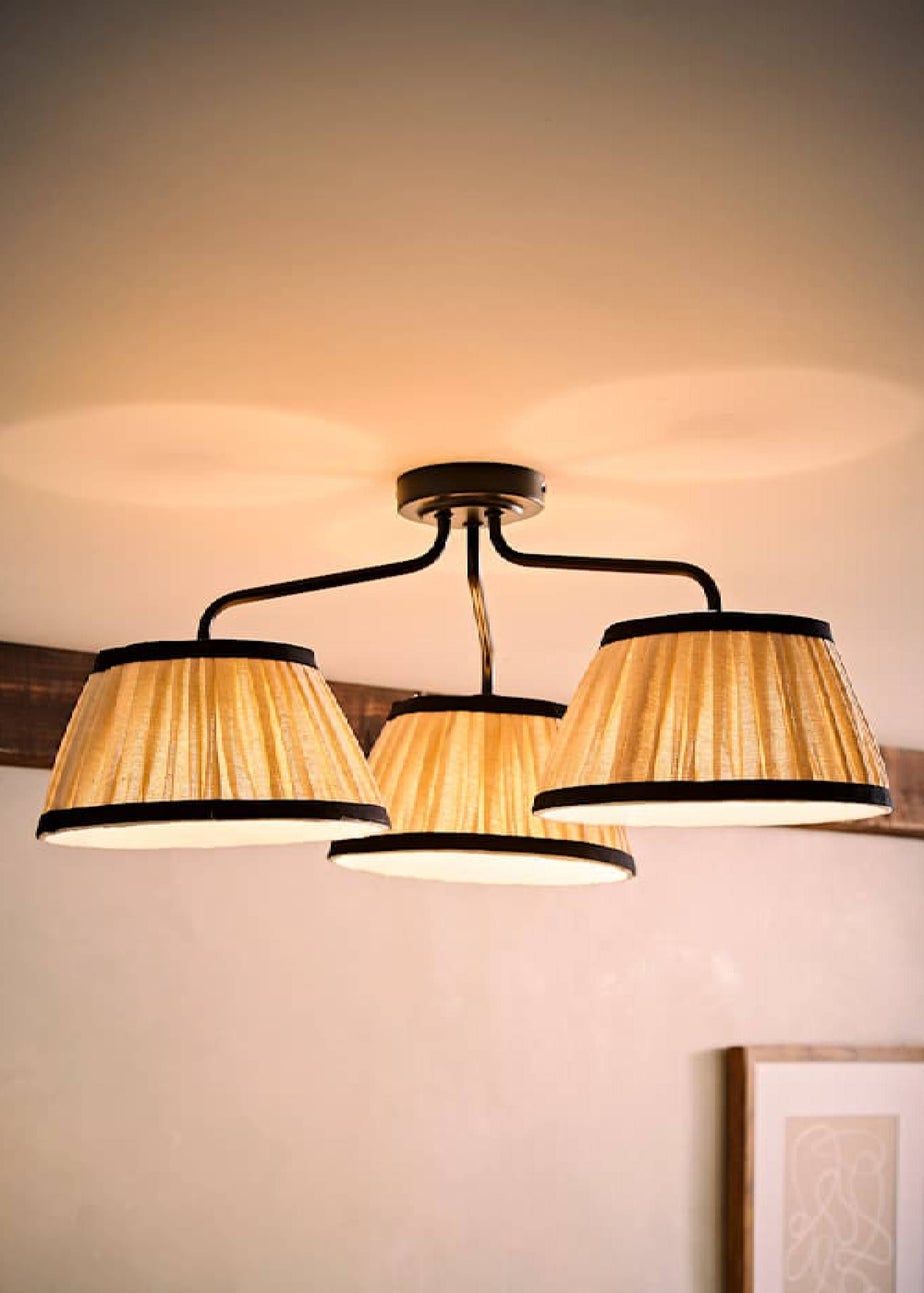 ValueLights Clara Black 3 Arm Ceiling Light Fitting with Pleated Lampshades